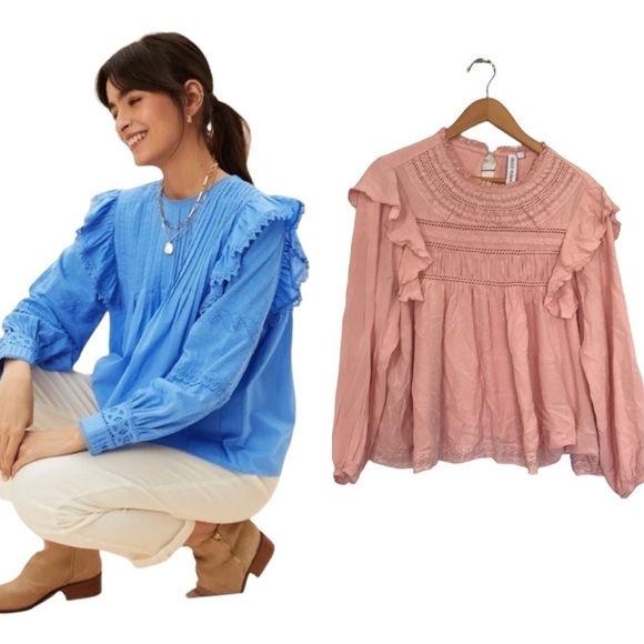 Grace & Karma Tops - Grace + Karma ruffle crochet babydoll bohemian shirt size L loose fit pink